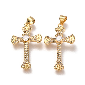 Brass Micro Pave  Clear Cubic Zirconia Pendants, Cross, Real 18K Gold Plated, 31x18x4mm, Hole: 3x4mm
