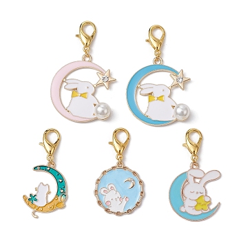 Alloy Enamel Pendant Decorations, with Zinc Alloy Lobster Claw Clasps, Moon/Flat Round with Rabbit, Mixed Color, 43.5~50mm
