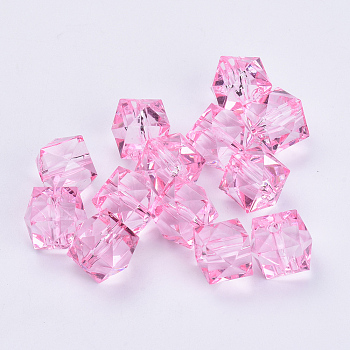 Transparent Acrylic Beads, Faceted, Cube, Pink, 10x10x8mm, Hole: 1.5mm