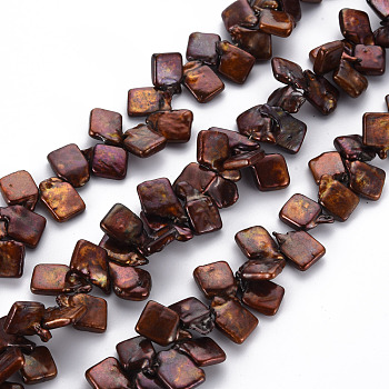 Natural Keshi Pearl Beads Strands, Cultured Freshwater Pearl, Dyed, Square, Sienna, 11~21x9~13x3~5mm, Hole: 0.5mm, about 64~96pcs/strand, 16.14 inch(41cm)