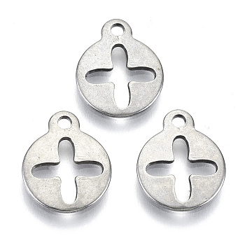 201 Stainless Steel Pendants, Cut-Out, Laser Cut, Flat Round with Hollow Clover, Stainless Steel Color, 12x10x1mm, Hole: 1.4mm