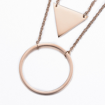 304 Stainless Steel Tiered Necklaces, with Lobster Clasps and Iron Extender Chains, Two Tiered Necklaces, Ring and Triangle, Rose Gold, 15.7 inch(40cm)