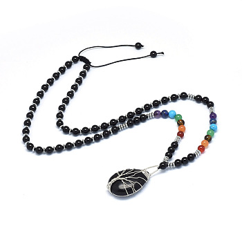 Yoga Chakra Jewelry, Natural Obsidian Pendant Necklaces, with Natural/Synthetic Mixed Stone and Brass Findings, Teardrop with Tree, 23.62 inch(60cm)