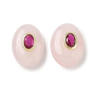Natural Rose Quartz Beads, Flat Oval with Brass Pave Cubic Zirconia Findings, Golden, 18.5x13.5x9mm, Hole: 1.8mm