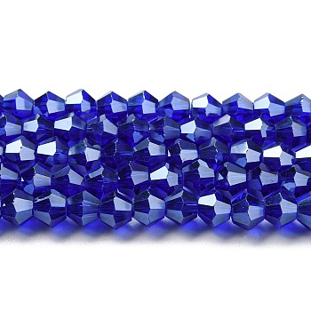 Transparent Electroplate Glass Beads Strands, Pearl Luster Plated, Faceted, Bicone, Dark Blue, 4x4mm, Hole: 0.8mm, about 87~98pcs/strand, 12.76~14.61 inch(32.4~37.1cm)