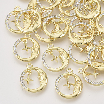 Alloy Pendants, with Crystal Rhinestone, Flat Round with Star and Moon, Light Gold, 20x17x3mm, Hole: 1.8mm