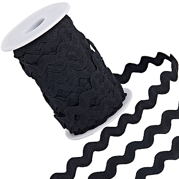 Polyester Wavy Fringe Trim, Wave Bending Lace Ribbon, for Clothes Sewing and Art Craft Decoration, Black, 1/4 inch(8mm), about 25 yards