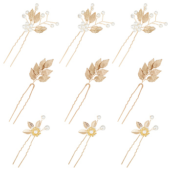 9Pcs 3 Style Bridal Leaf Alloy Hair Forks, for Woman, Light Gold, 75.5~105x34.5~43.5x2.5~10mm, 3pcs/style