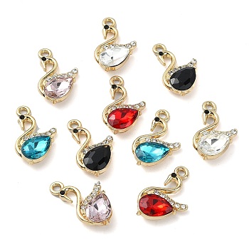 Golden Rack Plating Alloy Rhinestone Pendants, with Glass, Nickel Free, Swan Charm, Mixed Color, 22x13x5mm, Hole: 2mm