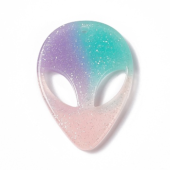 Resin Pendants, Alien Face Charms with Glitter Powder, Plum, 39x29x3.5mm, Hole: 2.3mm