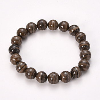 Natural Black Wood Lace Stone Beaded Stretch Bracelets, Round, 2-1/8 inch(55mm), Bead: 10mm