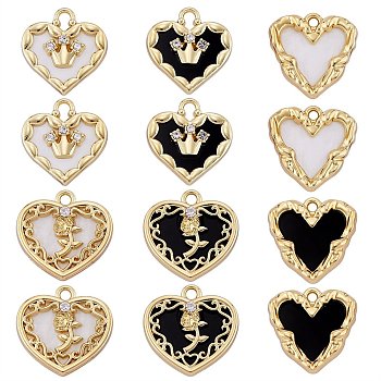 12Pcs 6 Styles Opaque Resin Pendants, with Light Gold Tone Alloy Cubic Zirconia Findings, Heart Charm, Mixed Shapes, Mixed Color, 18~19.5x18~20x3~4mm, Hole: 1.8~4mm, 2pcs/style