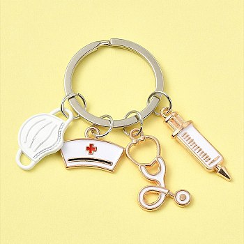 Mask & Nurse Cap & Injection Syringe & Stethoscope Enamel Pendant Keychain, Medical Theme Alloy Keychain, White, 6.2cm