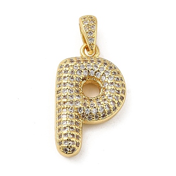 Brass Micro Pave Cubic Zirconia Pendants, Cadmium Free & Lead Free, Long-Lasting Plated, Real 18K Gold Plated, Letter P, 23x13.5x5mm, Hole: 4.5x3mm