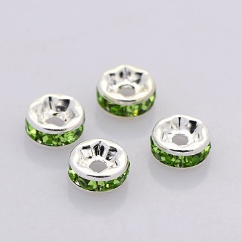Brass Rhinestone Spacer Beads, Grade AAA, Straight Flange, Nickel Free, Silver Color Plated, Rondelle, Peridot, 5x2.5mm, Hole: 1mm