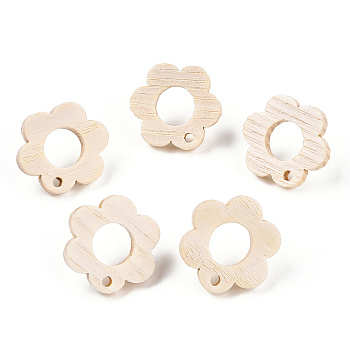 Ash Wood Stud Earring Findings, with 304 Stainless Steel Pin, Flower, 18x16.5mm, Hole: 1.8mm, Pin: 0.7mm