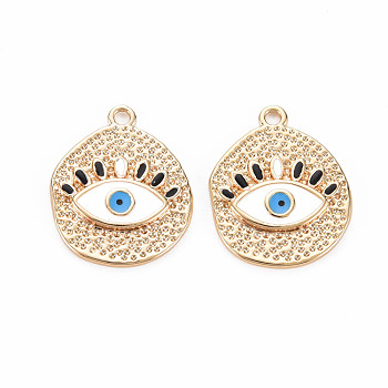 Brass Enamel Pendants, Real 18K Gold Plated, Polygon with Evil Eye, White, 17.5x14.5x2mm, Hole: 1.5mm