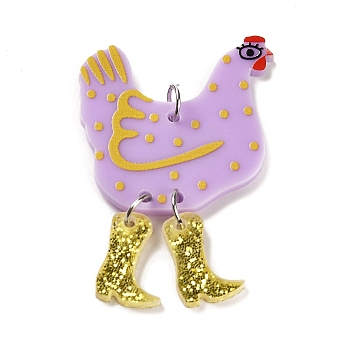 Opaque Printed Acrylic Big Pendants, with Platinum Iron Jump Ring, Hen with Glitter Boots Charms, Lilac, 51.5x34.5x2mm, Hole: 5mm