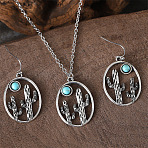 Alloy & Synthetic Turquoise Dangle Earrings & Pendant Necklaces Sets, Oval with Cactus, Antique Silver, Necklaces: 18.11 inch(46cm)(FS-WG3DEAB-01)