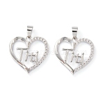 Brass Micro Pave Clear Cubic Zirconia Pendants, Cadmium Free & Lead Free, Long-Lasting Plated, Heart with Word Titi, Platinum, 19x19x2.5mm, Hole: 5x3.5mm(ZIRC-Z007-12P)