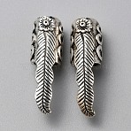 Alloy Closed Cover Clasp Head, End Caps for Wooden Bracelet, Flower with Feather, Antique Silver, 33.5x10.5x10mm, Hole: 7.5mm(FIND-WH0155-046B)