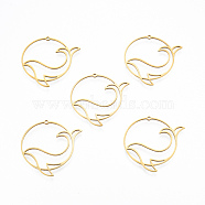 201 Stainless Steel Pendants, Hollow, Ring with Dolphin, Real 18K Gold Plated, 33x33x1mm, Hole: 1.4mm(STAS-N090-LA934-2)