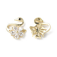 Brass Micro Pave Clear Cubic Zirconia Cabochons, Swan with Flower, Real 18K Gold Plated, 11.5x10x3mm(KK-A174-07G)