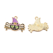 Alloy Enamel Pendants, Spider with Hat Charms, Halloween, Golden, 15.5x20.5x1.3mm, Hole: 1.4mm(FIND-G055-17G)