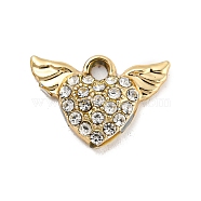 UV Plating Alloy Rhinestone Pendants, Heart with Wings Charms, Golden, 11.5x16.5x3.5mm, Hole: 1.8mm(PALLOY-D026-06G)
