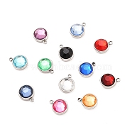 304 Stainless Steel Charms, with Acrylic Rhinestone, Birthstone Charms, Faceted, Flat Round, Stainless Steel Color, Mixed Color, 12x10x4.4mm, Hole: 1.3mm(STAS-I165-04A-P)