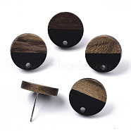 Resin & Walnut Wood Stud Earring Findings, with 304 Stainless Steel Pin, Flat Round, Black, 15mm, Hole: 1.8mm, Pin: 0.7mm(MAK-N032-003A-B01)