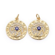 Brass Micro Pave Clear Cubic Zirconia Pendants, with Enamel & Jump Rings, Long-Lasting Plated, for Religion, Flat Round with The Eye of Horus, Real 18K Gold Plated, 20x18x3mm(ZIRC-Z011-23G)