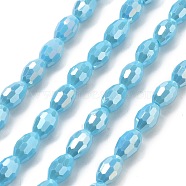 Electroplate Glass Beads Strands, Imitation Jade Beads, Faceted, Oval, Light Sky Blue, 8.5x5.5mm, Hole: 1.2mm, about 70pcs/strand, 20.87~23.23''(53~59cm)(EGLA-A037-P6x8mm-B06)