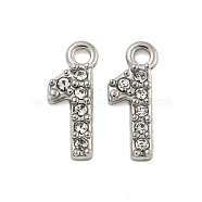 304 Stainless Steel Pendants, with Crystal Rhinestone, Number Charms, Number, 9x3.5x1mm, Hole: 1mm(STAS-L080-002P-01)