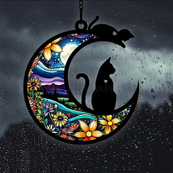 Moon with Cat Window Suncatchers, Wall Art Window Hanging Memorial Pendant Decoration, Cat Shape, 100mm(PW-WG7D0D8-01)