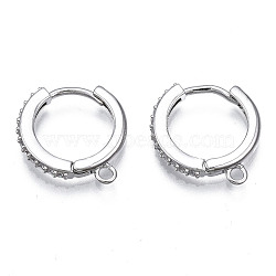 Brass Micro Pave Cubic Zirconia Huggie Hoop Earring Findings, with Horizontal Loop, Nickel Free, Ring, Clear, Platinum, 16x15x2mm, Hole: 1mm, Pin: 0.9mm(KK-T063-013P-NF)