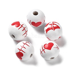 Valentine's Day Theme Printed Wood Beads, Round, Heart, 15~16x14.5~15mm, Hole: 3~4mm(WOOD-G017-02D)