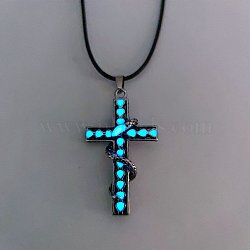 Luminous Glow In The Dark Alloy Cross with Snake Pendant Necklace with Leather Cord, Blue, 24.41 inch(62cm)(LUMI-PW0006-62)