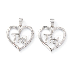 Brass Micro Pave Clear Cubic Zirconia Pendants, Long-Lasting Plated, Heart with Word Titi, Platinum, 19x19x2.5mm, Hole: 5x3.5mm(ZIRC-Z007-12P)