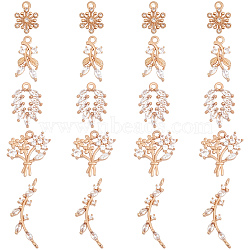 20Pcs 5 Styles Brass Micro Pave Clear Cubic Zirconia Pendants, Long-Lasting Plated, Flower & Branch & Leaves Charm, Light Gold, 12.5~28x9~14x2~3.5mm, Hole: 1.2~1.6mm, 4pcs/style(KK-BBC0005-69)