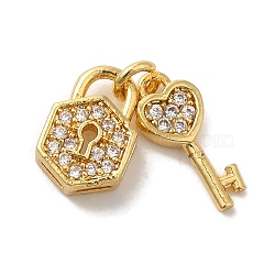 Brass Micro Pave Cubic Zirconia Charms, Long-Lasting Plated, Cadmium Free & Lead Free, Key, Golden, 9.5x6x3mm, Hole: 3x1mm(KK-C072-27C-G)