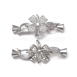 Rack Plating Flower Brass Pave Clear Cubic Zirconia Fold Over Clasps, Cadmium Free & Lead Free, Long-Lasting Plated, Platinum, Flower: 17x17x6mm, Clasp: 12x7x5.5mm, Inner Diameter: 3.5mm(KK-E080-01P)
