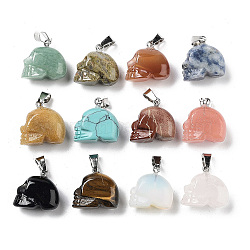 Natural & Synthetic Mixed Gemstone Pendants, Halloween Skull Charms with Platinum Plated Iron Snap on Bails, 17~19x18.5~20x10~11mm, Hole: 6x3.5mm(G-P520-04P)