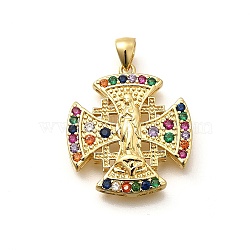 Rack Plating Brass Micro Pave Cubic Zirconia Pendants, Long-Lasting Plated, Lead Free & Cadmium Free, Cross Charms, Real 18K Gold Plated, 26.5x24x4.5mm, Hole: 5x3mm(KK-L226-049G-01)