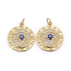 Brass Micro Pave Clear Cubic Zirconia Pendants, with Enamel & Jump Rings, Long-Lasting Plated, for Religion, Flat Round with The Eye of Horus, Real 18K Gold Plated, 20x18x3mm(ZIRC-Z011-23G)