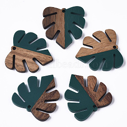 Resin & Wood Pendants, Tropical Leaf Charms, Monstera Leaf Pendant, Teal, 30x28x3.5mm, Hole: 2mm(X-RESI-S358-24K)