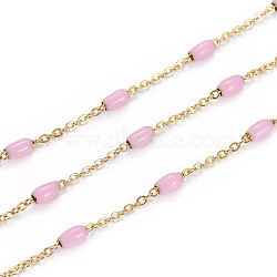 Ion Plating(IP) 304 Stainless Steel Cable Chains, with Enamel Oval Beads, Soldered, with Spool, Flat Oval, Golden, Pearl Pink, 5x2.5mm, Link: 2x1.6x0.3mm, about 32.8 Feet(10m)/roll(CHS-G006-G06)