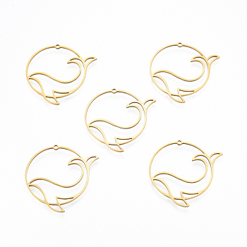 201 Stainless Steel Pendants, Hollow, Ring with Dolphin, Real 18K Gold Plated, 33x33x1mm, Hole: 1.4mm
