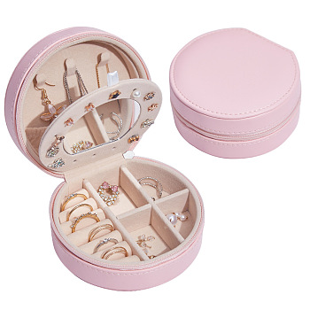 Round PU Imitation Leather Jewelry Storage Zipper Boxes, Portable Travel Case with Mirror, for Necklace, Ring Earring Holder, Gift for Women, Pink, 9x11x5.5cm