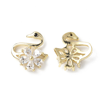 Brass Micro Pave Clear Cubic Zirconia Cabochons, Swan with Flower, Real 18K Gold Plated, 11.5x10x3mm